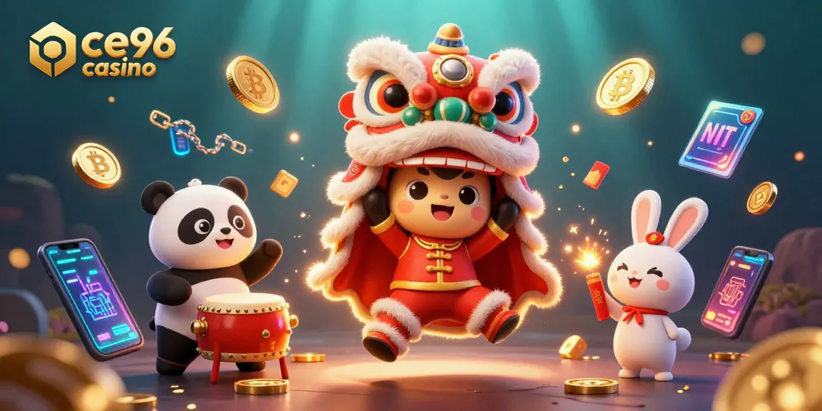 Experience the thrill of ace96 casino with lively characters celebrating gaming and crypto excitement.