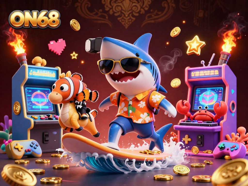 Experience winning strategies at ON68 with colorful casino characters amidst gold coins and vivid game elements.