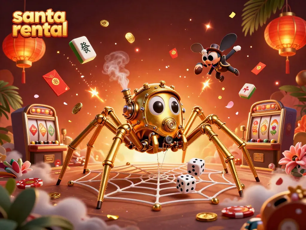 Santa rental scene with a playful steampunk spider and poker elements, set in a vibrant casino atmosphere.