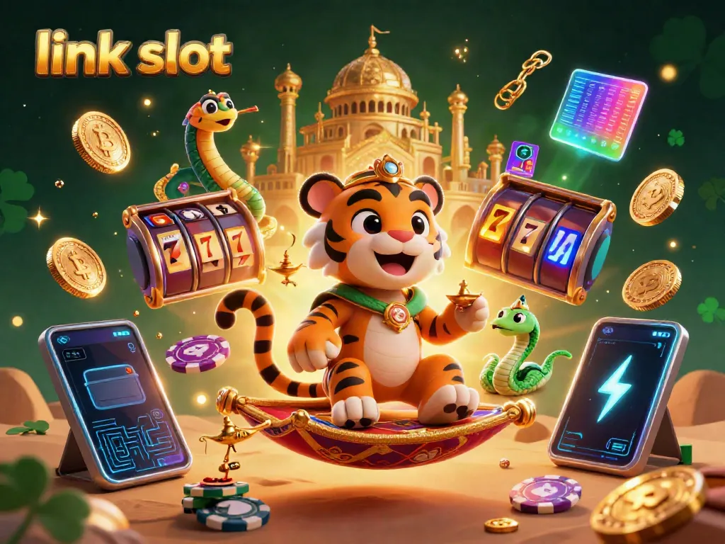 Experience thrilling jackpots with link slot graphics featuring a sultan on a flying carpet.