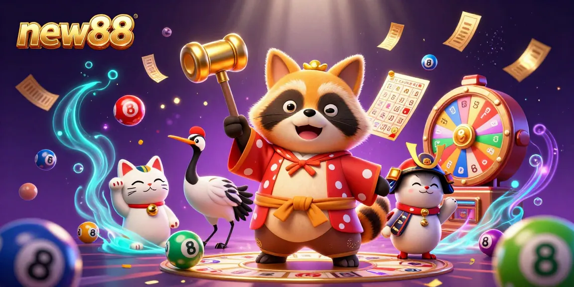 Engage with new88 in this vibrant illustration featuring a cheerful tanuki and lottery elements for an exciting casino experience.