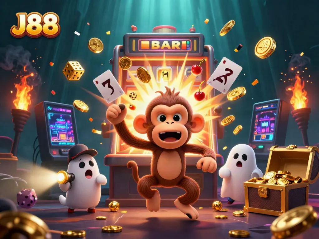 Experience the excitement of J88 with a playful monkey and ghost-hunter puppy in a vibrant casino scene.