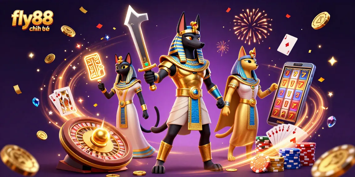 Experience fly88 chính thức with Anubis and gold coins in a dynamic casino scene, showcasing excitement and winning action.