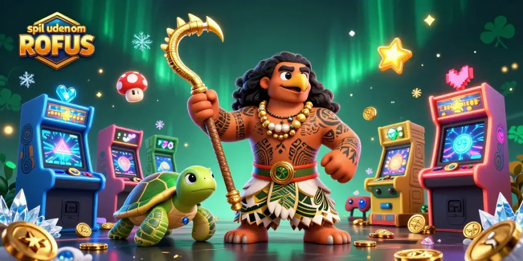 Engage in spil uden om ROFUS gaming with a lively 3D cartoon scene featuring colorful casino elements.