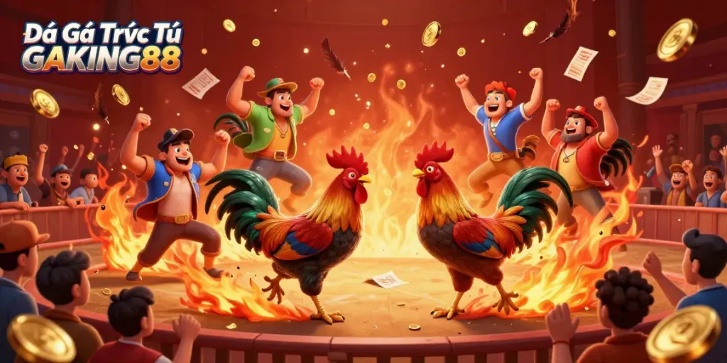Engage with the thrilling cockfighting action on Đá Gà Trực Tiếp GAKING88, showcasing dynamic spectators and vibrant ambiance.