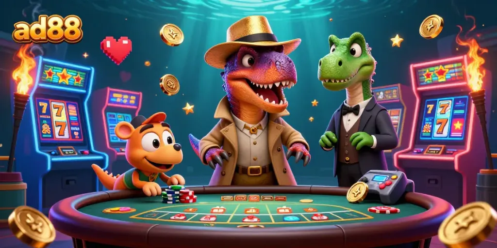 Experience thrilling gameplay at ad88 casino with vibrant velociraptors and dazzling lights.