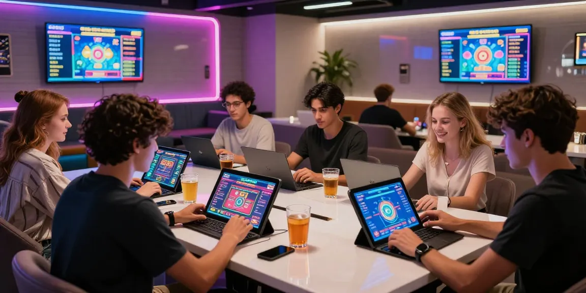 Pengalaman bermain bos88 di lounge permainan modern dengan teman-teman yang menikmati permainan virtual.