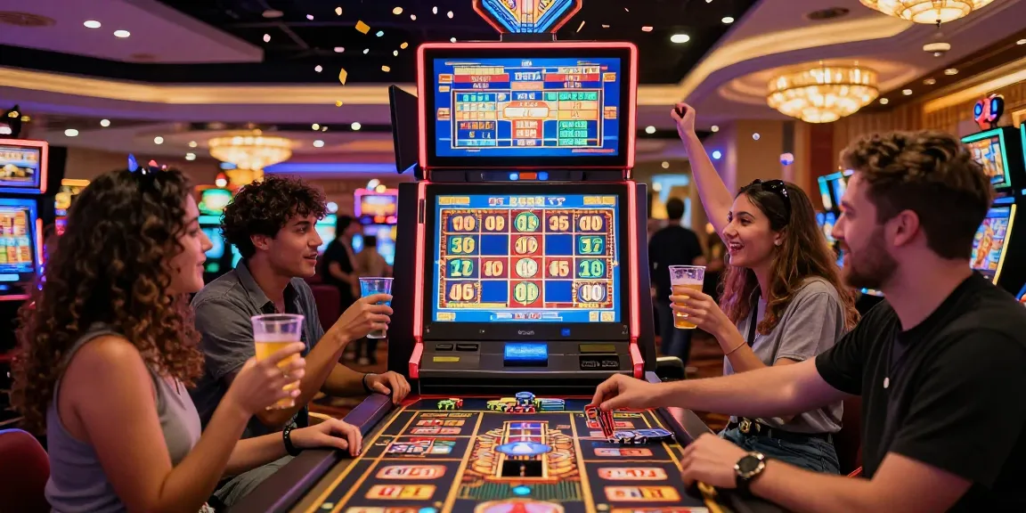 Excited friends celebrating a slot jackpot win in a lively casino.