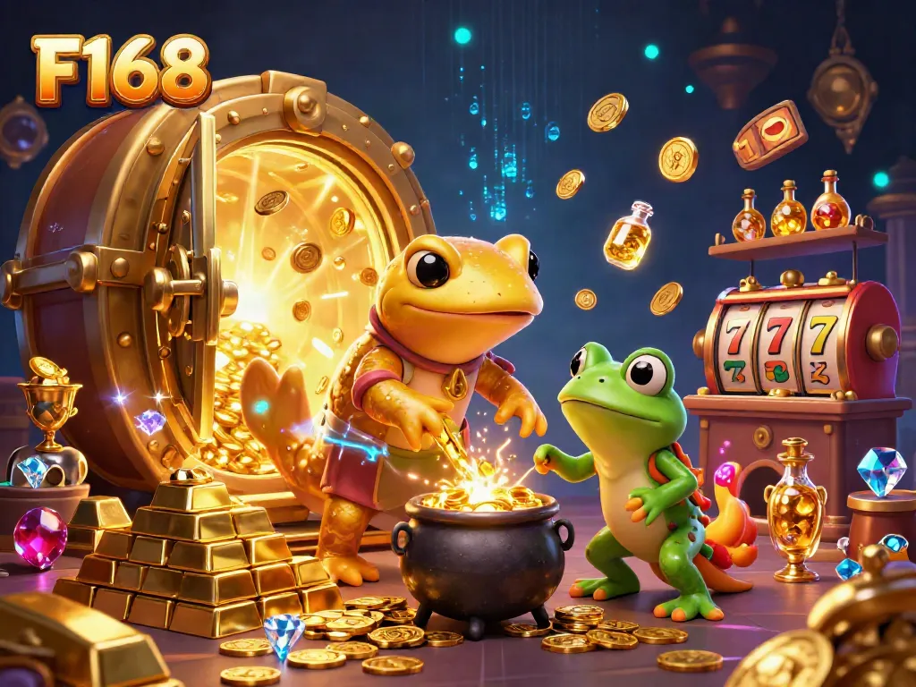 Engage with F168's vibrant casino world through this detailed illustration of gold transmutation.