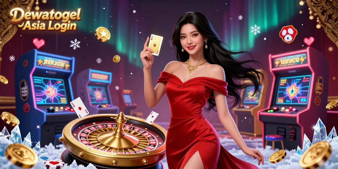 Dewatogel Asia Login reveals the thrill of casino gaming with a stunning illustration featuring a confident Asian woman, roulette, and vibrant game elements.