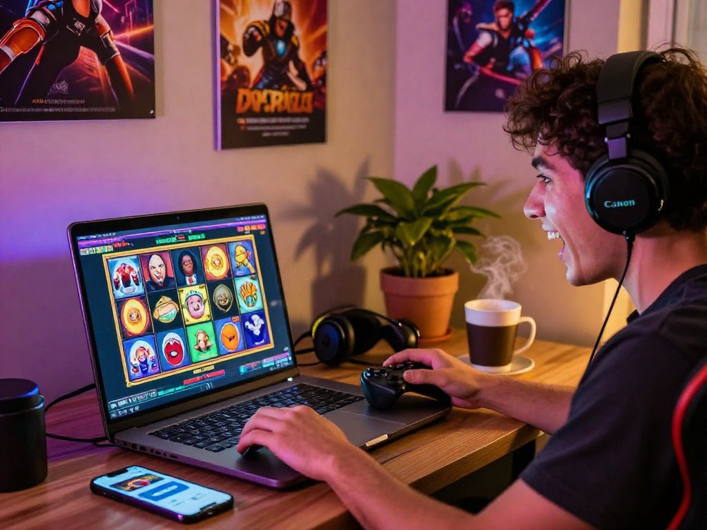 Player enjoying gacor slot online gaming with laptop and vibrant graphics