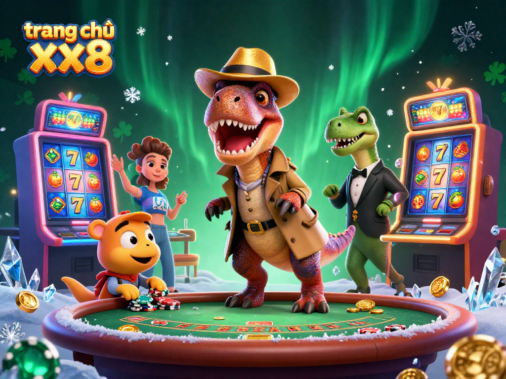 Experience the thrill at trang chủ xx8 with a colorful casino scene featuring playful dinosaurs and vibrant slot machines.