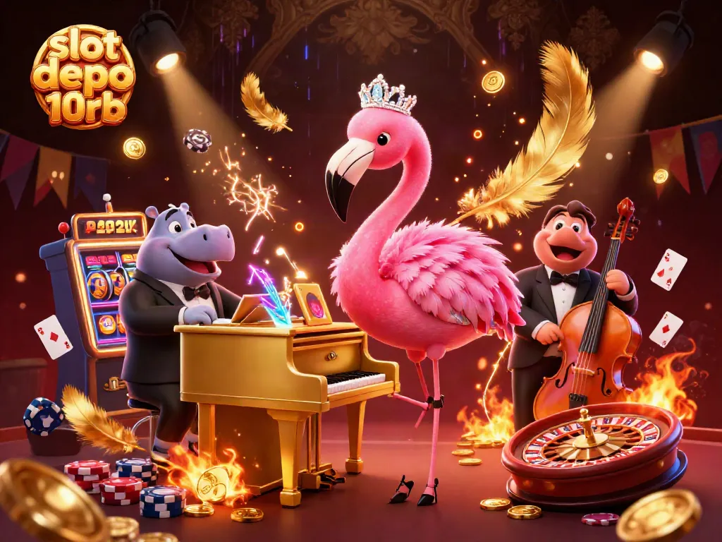 Experience slot depo 10rb excitement with a vibrant 3D casino scene featuring singers and game elements.