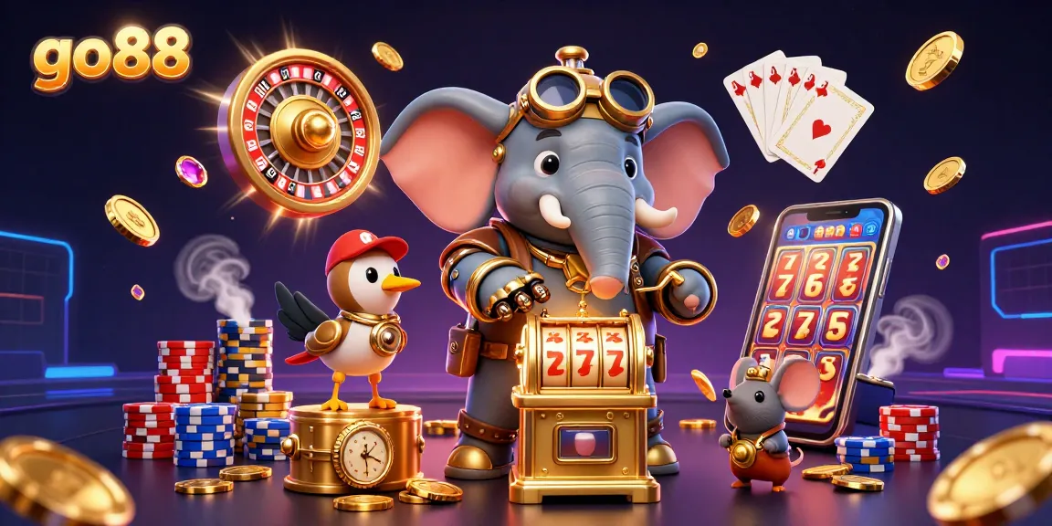 Spin winning reels with go88's steampunk-inspired slot machine in a vibrant casino scene.