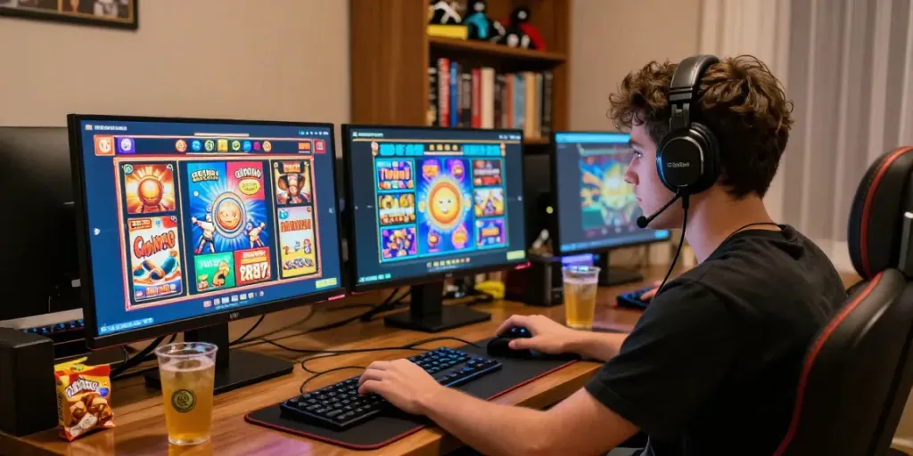 Pengguna bermain slot online di komputer dengan suasana nyaman di rumah.