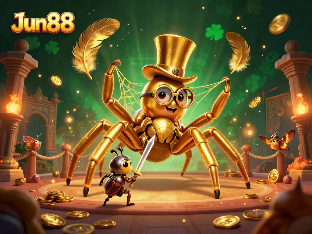 Experience the excitement of Jun88 with a golden tarantula weaving fortune in a captivating casino scene.