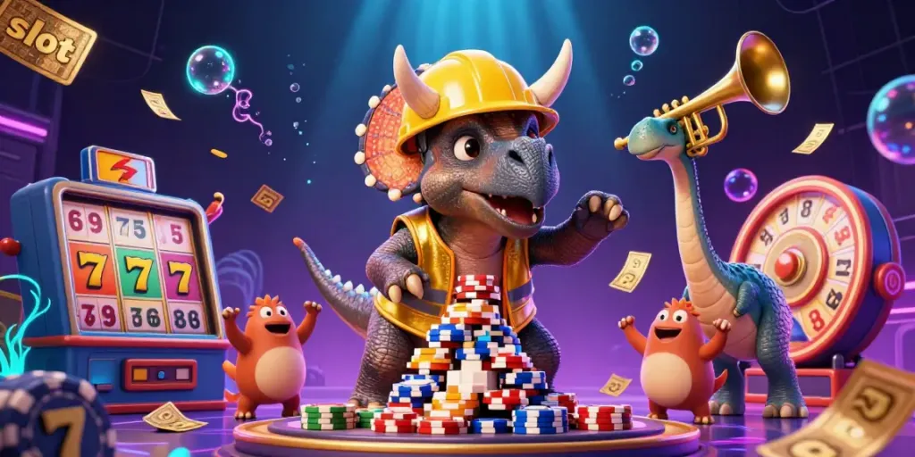 Spin the slot reels in this vibrant casino scene with festive celebration and colorful elements.