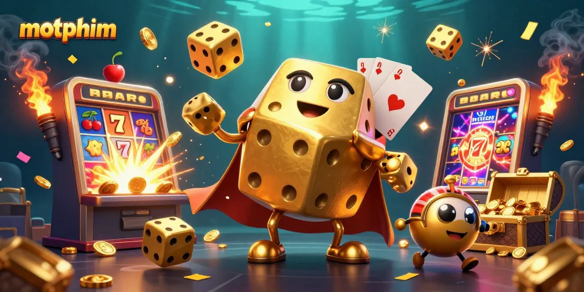 Experience thrilling jackpots with motphim's vibrant casino scene of golden dice and slot machines.