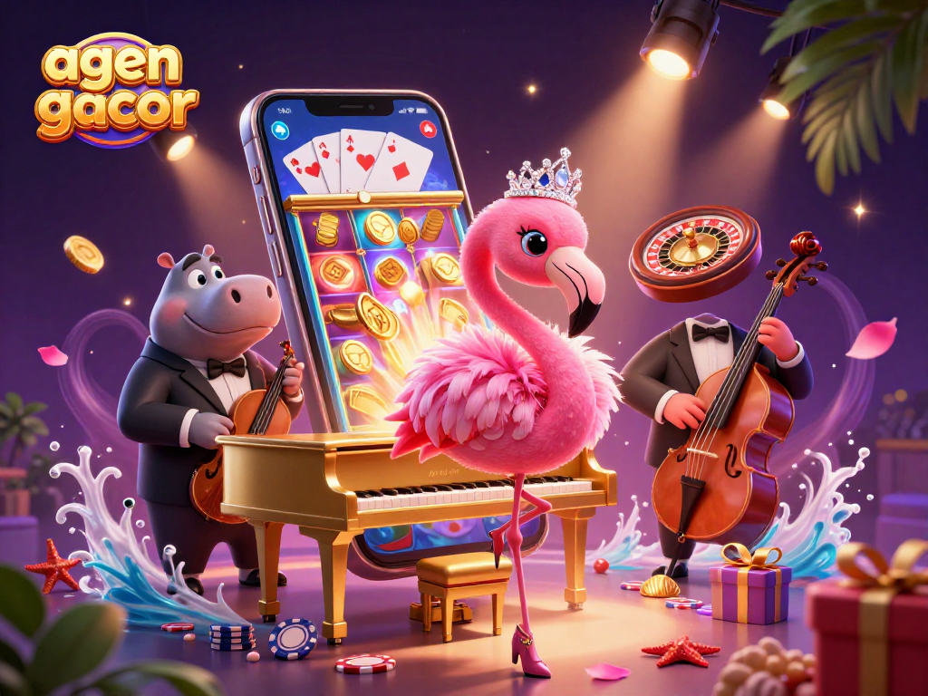 Experience dynamic action with agen gacor in a vibrant casino scene featuring lively characters and slot game elements.