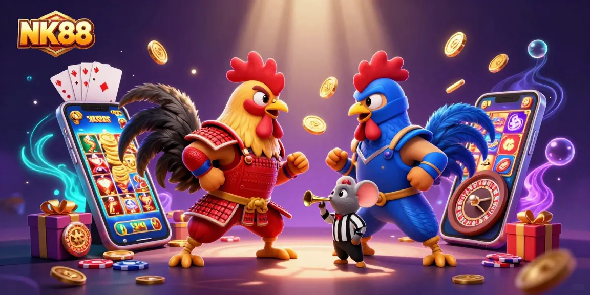 Bet on fierce roosters in the NK88 casino arena with vibrant slots and gaming elements!