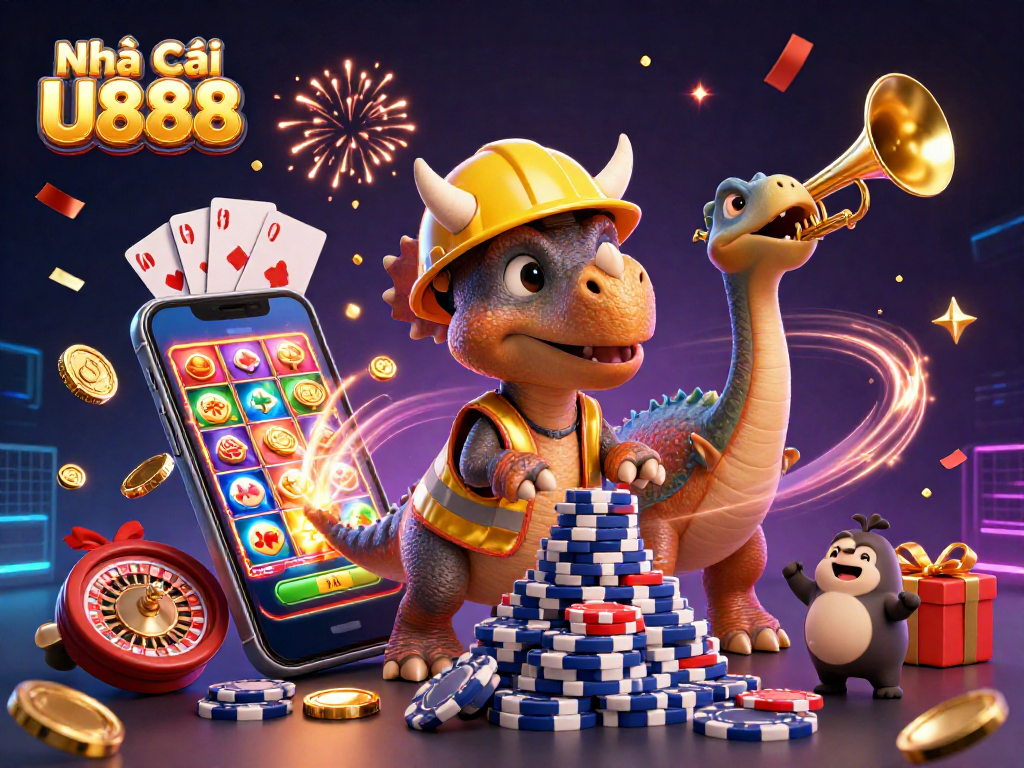 Experience the thrill at Nhà Cái U888 with vibrant 3D casino characters celebrating and gaming action.