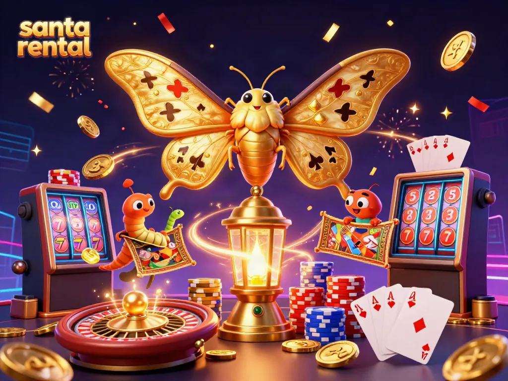 Experience the joy of a Santa rental surrounded by dazzling casino elements, creating festive magic.