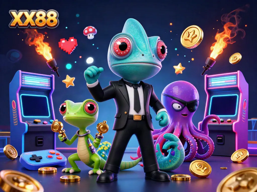 Engage with the thrilling world of XX88 featuring a vibrant 3D illustration of characters, arcade elements, and glowing casino features.
