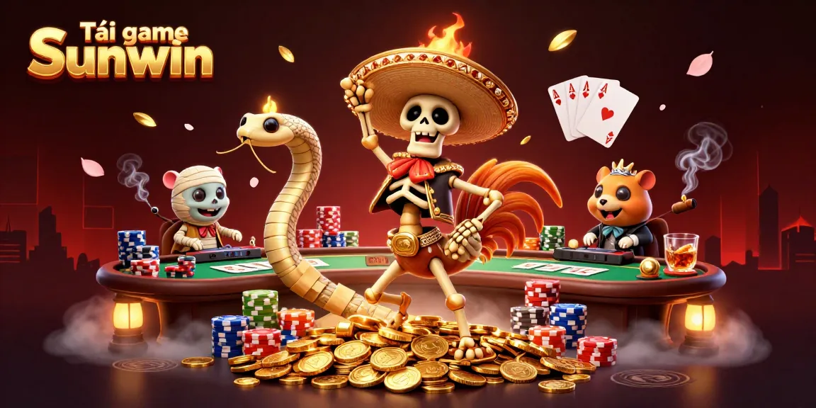Tải game Sunwin with a vibrant 3D scene of characters celebrating on a pile of gold coins, showcasing their triumph.