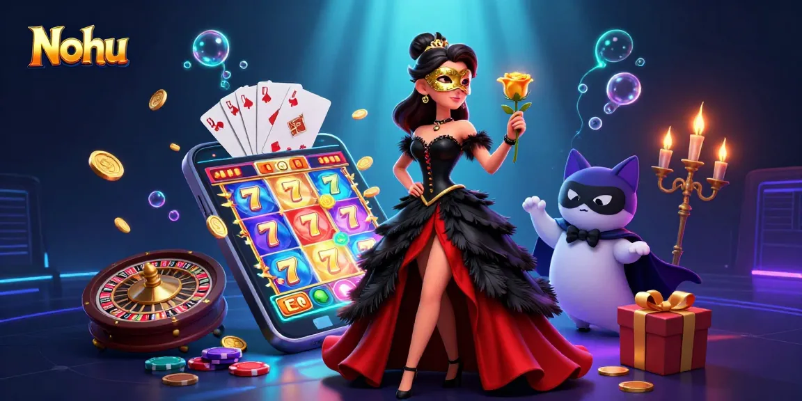 Nohu casino experience with spinning slots, golden coins, and vibrant game action