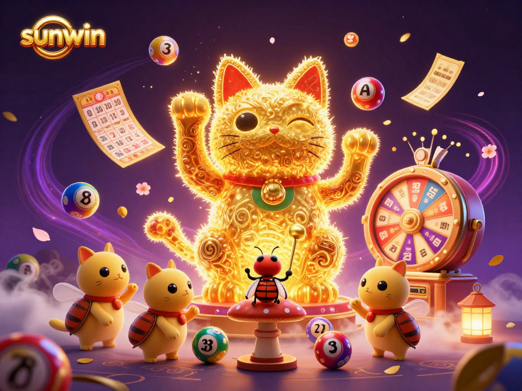 Synchronized golden fireflies in the shape of a lucky cat enhance the sunwin lottery experience.