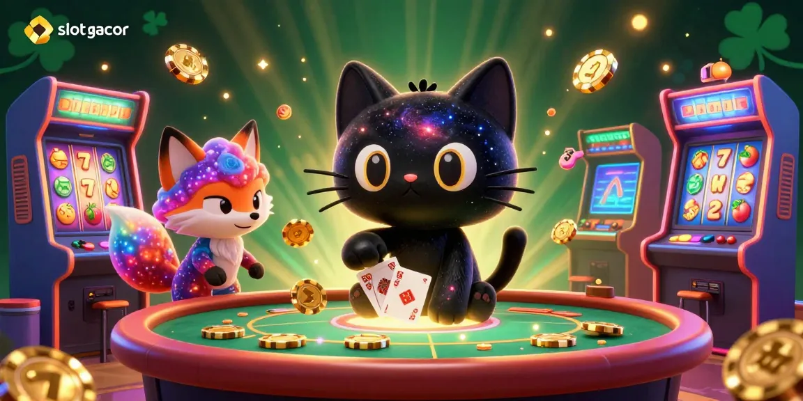 Engage with slot gacor in this vibrant cosmic casino scene featuring playful characters and dynamic slot machines.