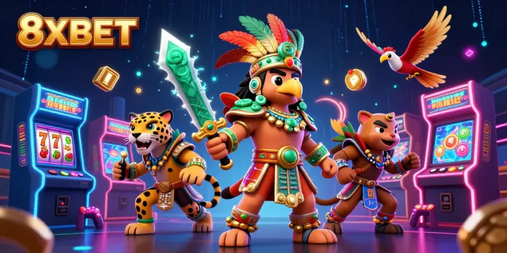 Experience thrilling gameplay at 8XBET with vibrant Aztec warriors amidst casino-themed elements.