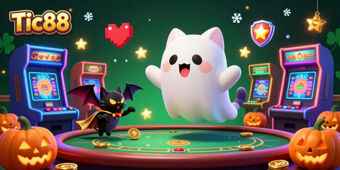 Tic88 casino scene showcasing a ghost cat and bat exploring vibrant slot machines and games.