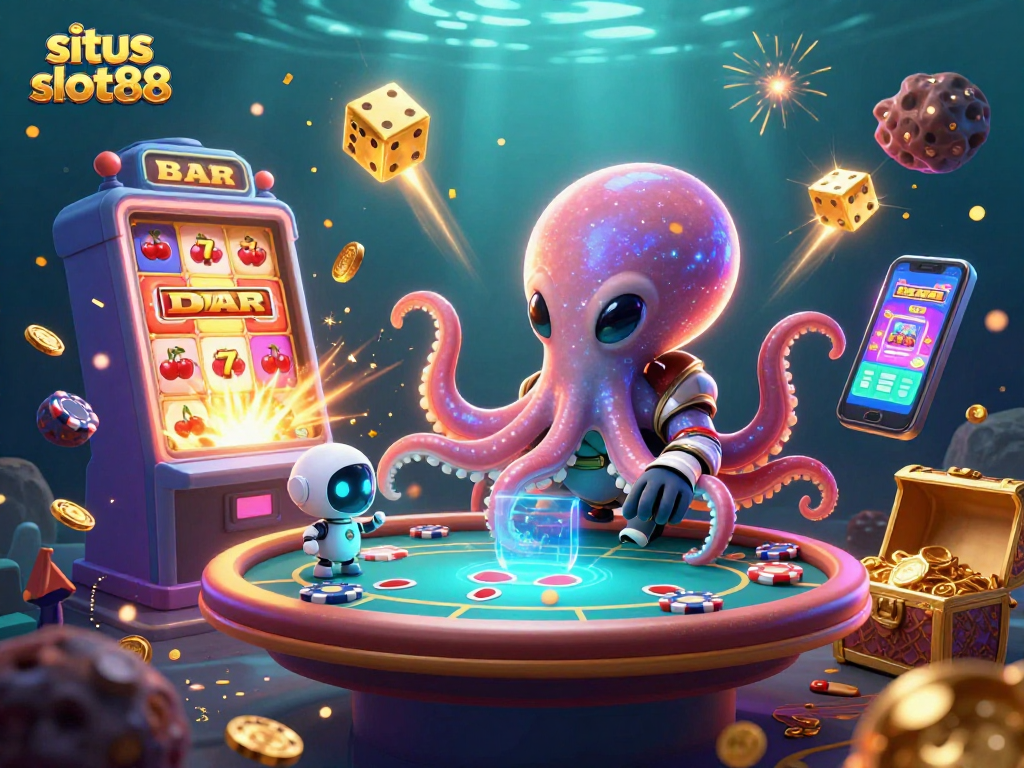 Situs slot88: Alien octopus joyfully creates a vibrant casino scene filled with jackpot action and colorful gaming elements.