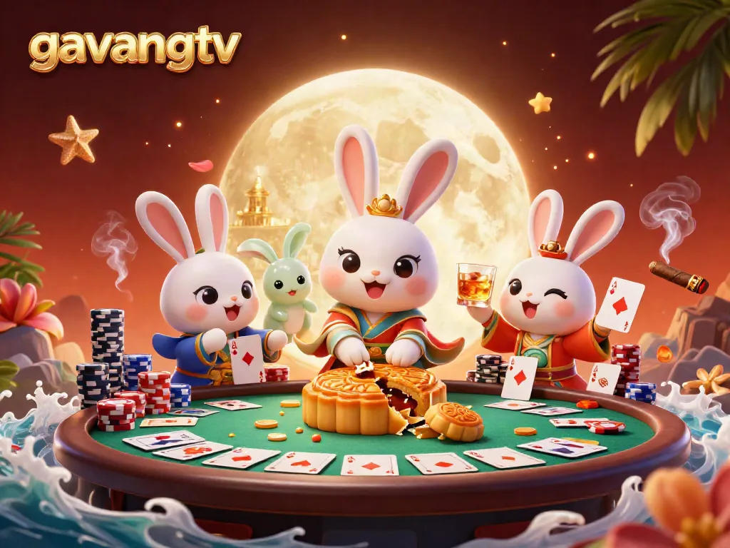 Experience thrilling poker action with gavangtv's moon rabbit adventure featuring poker chips and vibrant casino elements.