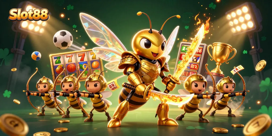 Win big at Slot88 with thrilling 3D action featuring a golden hornet warrior and exciting slot game elements.