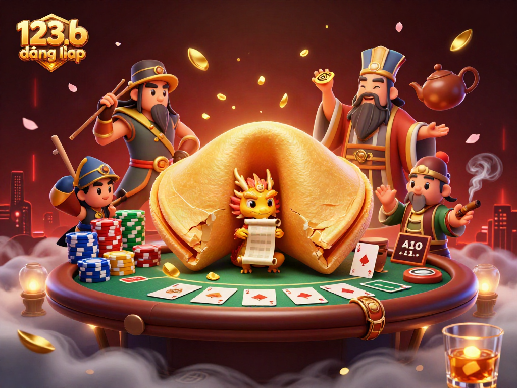 Experience winning thrills with 123b đăng nhập in a vibrant casino scene filled with poker tables and golden fortune.