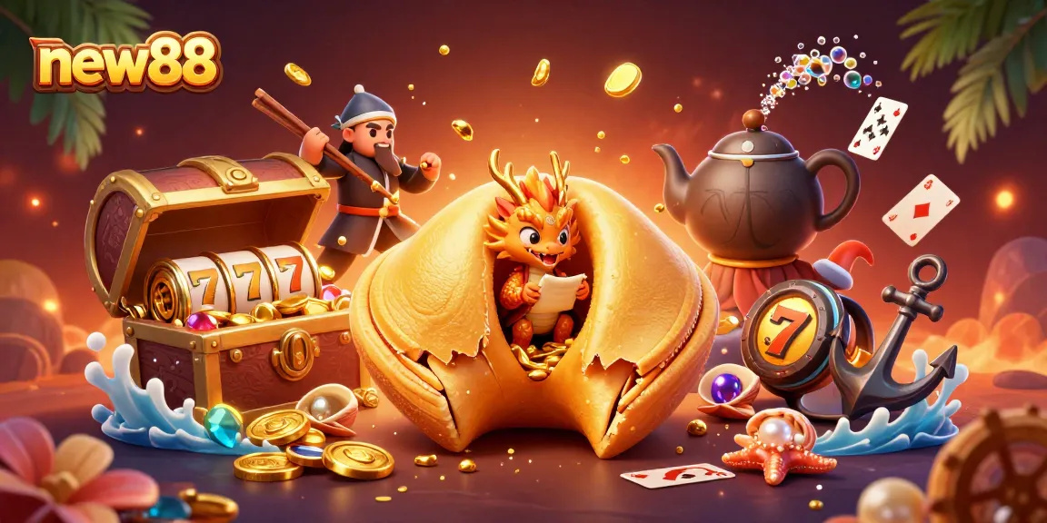 Join the excitement at new88 with a magical casino scene of fortune cookies, dragons, and rich treasures.