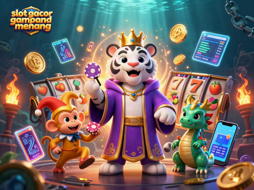Engage with slot gacor gampang menang in this vibrant casino-themed illustration featuring playful characters and exciting game elements.