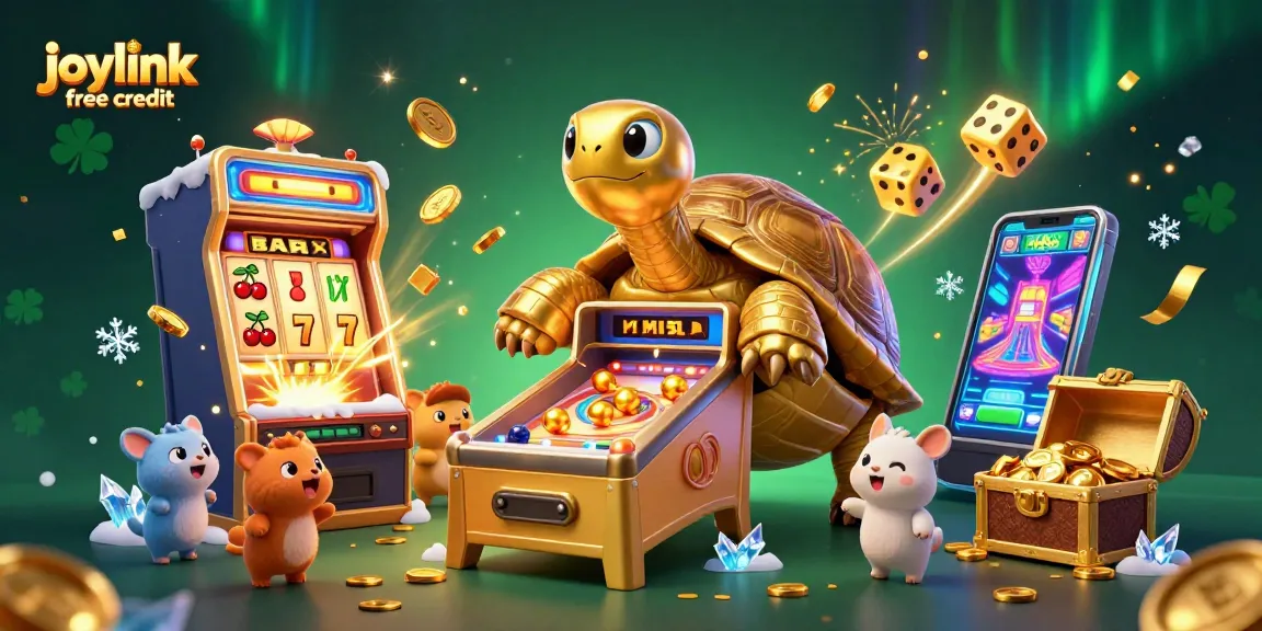 Experience joylink free credit with a vibrant 3D casino scene of cartoon characters engaging with thrilling slot machines.