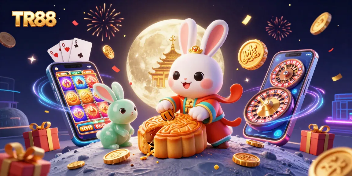 Experience exciting wins at TR88 with a vibrant illustration of a moon rabbit celebrating with gaming elements.