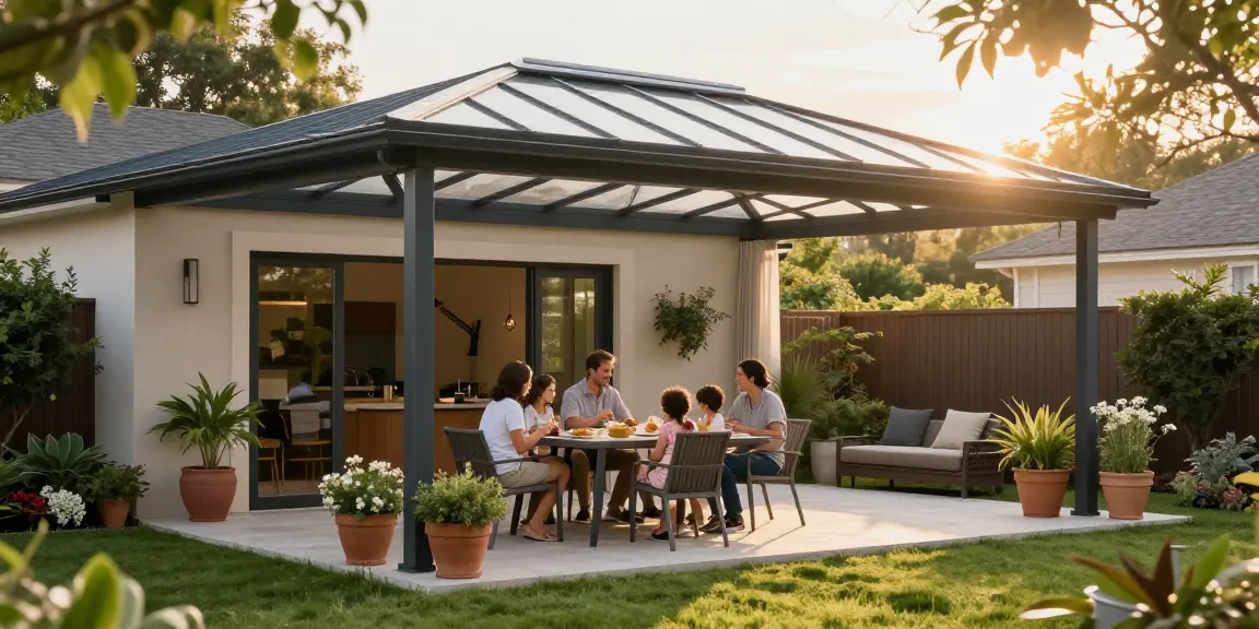 Moderne Terrassenüberdachung mit Familie beim Essen in einem entspannten Außenbereich.
