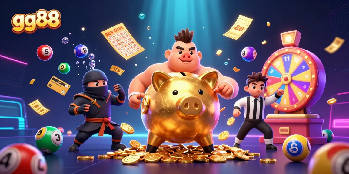 Join the excitement at gg88 with a vibrant dynamic scene featuring a golden piggy bank sumo wrestler and casino game elements.