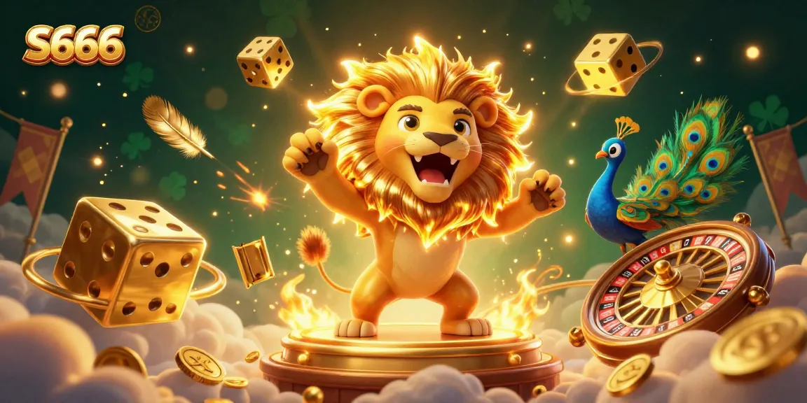 S666 showcases a vibrant slot scene with a sun lion and golden dice, captivating players' attention.