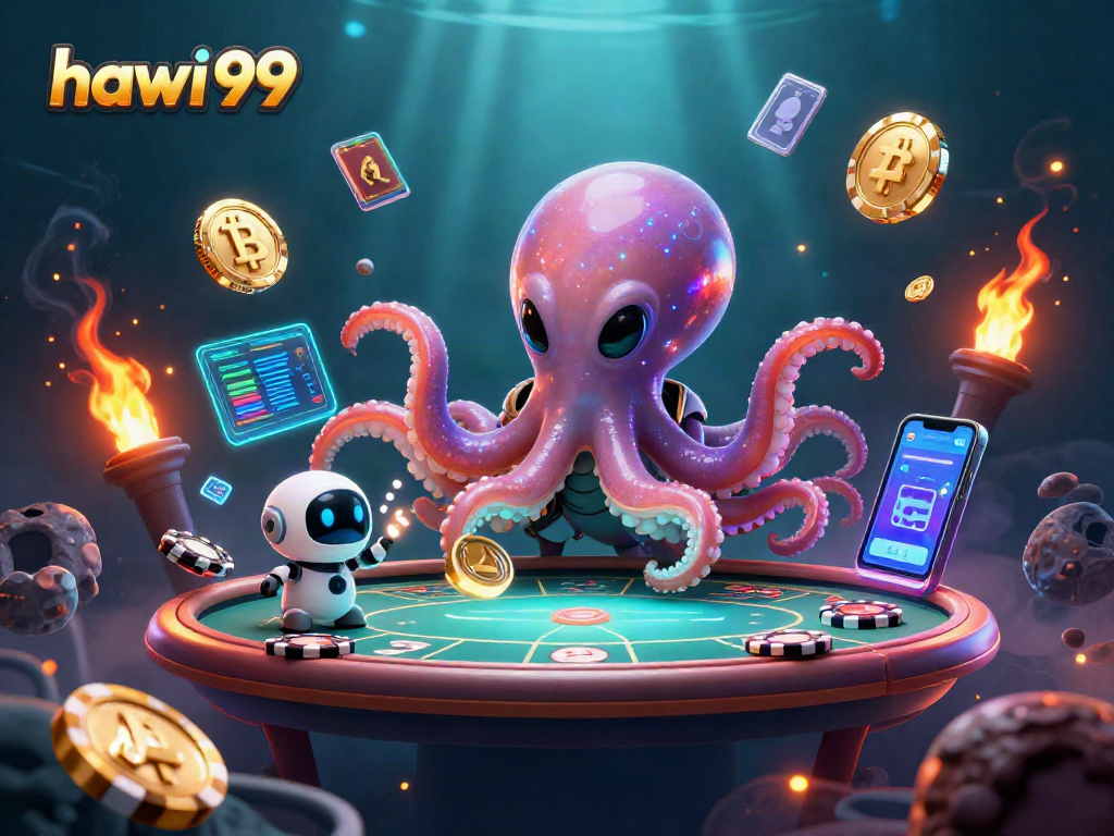 Experience thrilling poker action with hawai99's 3D alien octopus and vibrant crypto visuals.