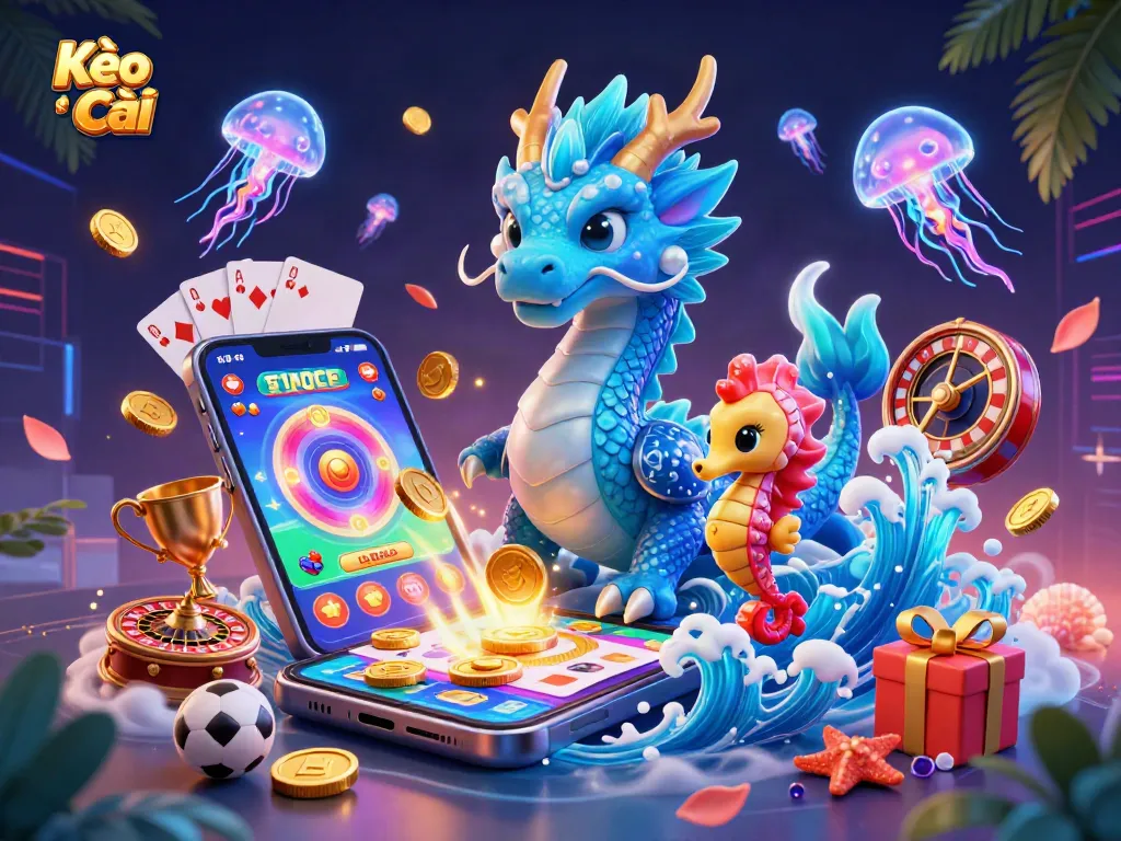 Kèo nhà cái showcases dynamic sports betting elements with an azure dragon and coral knight amid vivid gaming action.