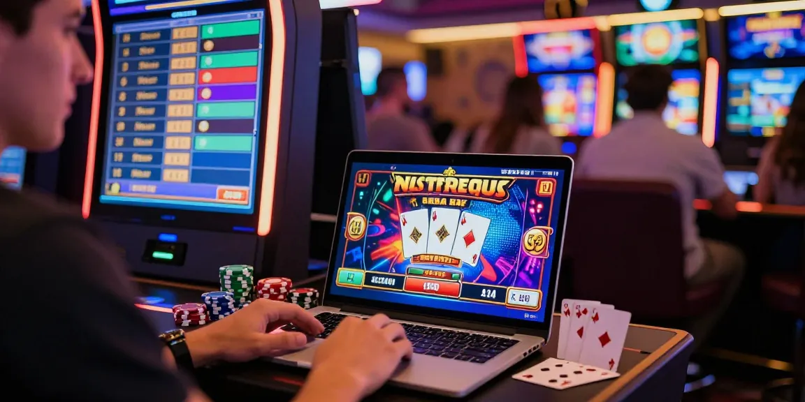 Engaging scene of daftar slot gaming on a laptop with vibrant graphics and casino elements.