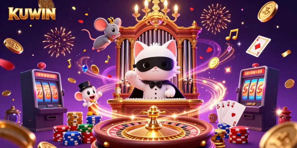 Engage with KUWIN's captivating casino scene featuring a phantom cat and acrobatic mouse.