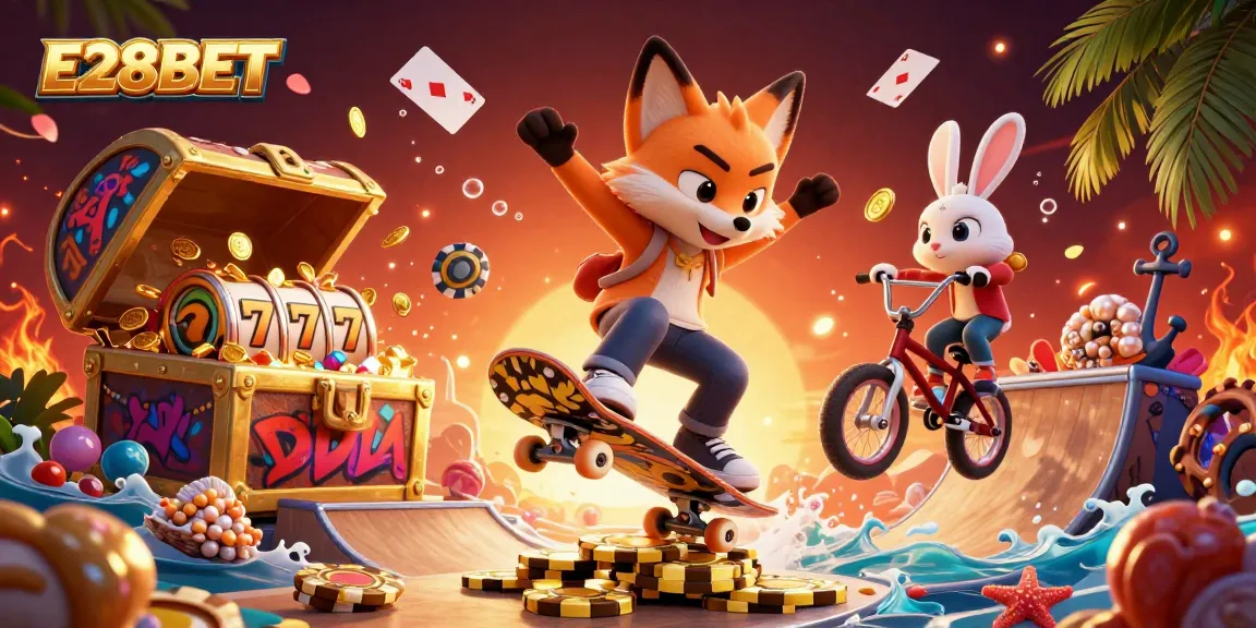 E28BET brings fun with a dynamic 3D scene of winning elements like poker chips and playful characters.