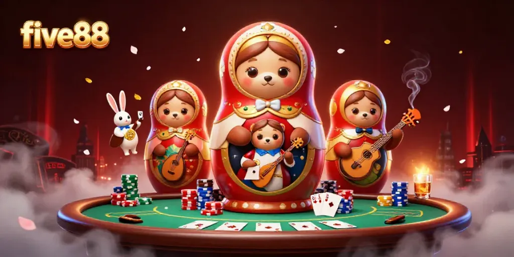 Experience the excitement of five88 with animated bears and vibrant casino elements.